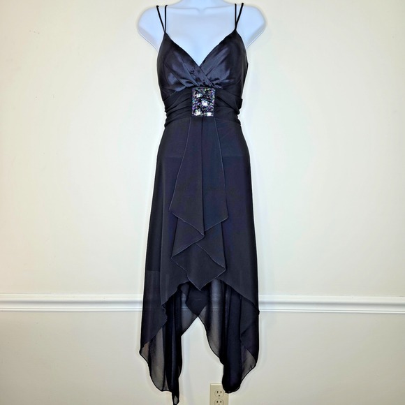 VTG Y2K Teeze Me Handkerchief Hem Dress Sz 12/13 Black Sheer Formal Hoco Fairy - Picture 1 of 16
